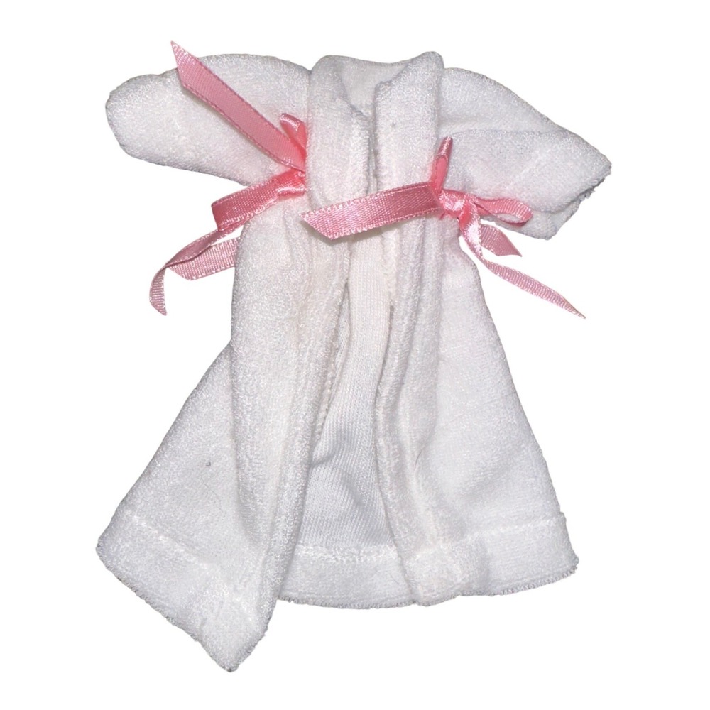 White Terry Cloth Doll Bathrobe with Pink Satin Ribbon Bows Miniature Spa Robe